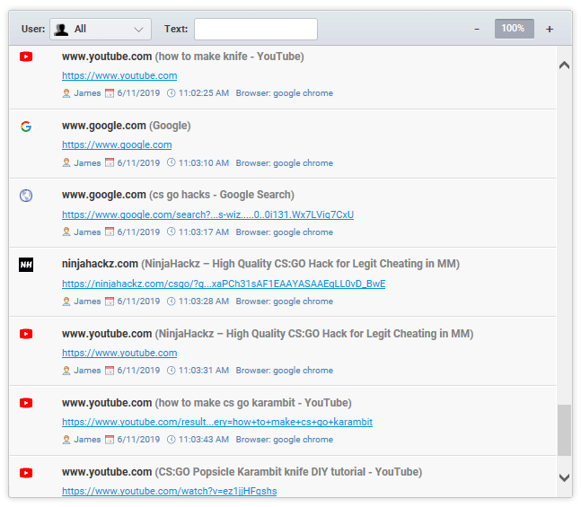Actividad de Internet registrada por Best Free Keylogger