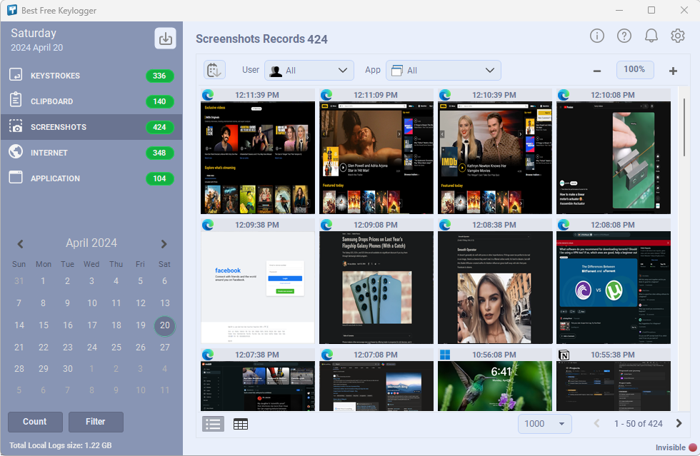 Capturas de pantalla capturadas por Best Free Keylogger