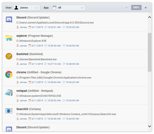 Rekordy użycia aplikacji przez Best Free Keylogger