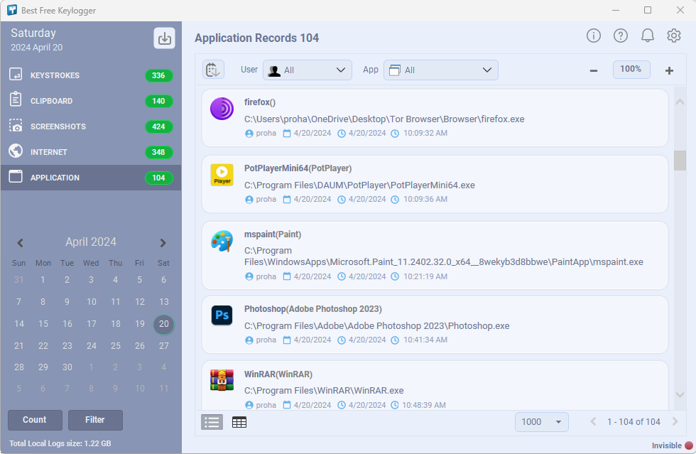 Отчеты об использовании приложений от Best Free Keylogger